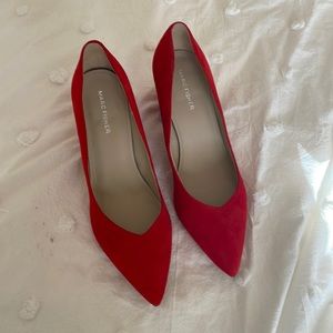 Orange/red faux suede heels